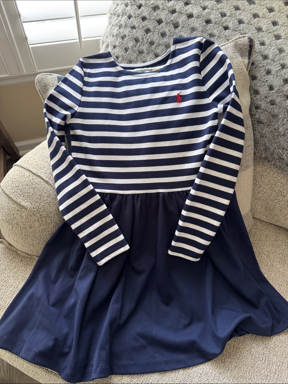 Ralph Lauren Navy & White Striped Long Sleeve Dress with Red Polo Logo